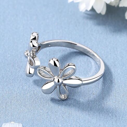 Daisy Flower 925 Sterling Silver Plated Adjustable Ring for Women | Expandable Wedding Statement Ring | Comfortable Dainty Engagement and Birthday Jewelry in Saudi Arabia
