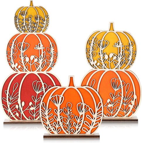 Leinuosen Thanksgiving Pumpkin Decorations Fall Wooden Tabletop Signs, Autumn Table Centerpieces Pumpkins of 3 Size Fall Tray Decor for Home Room Decor Halloween Harvest Decoration(Gradient Blue) in Saudi Arabia
