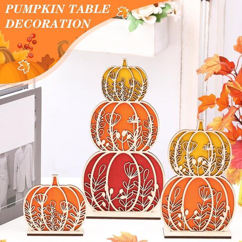 Leinuosen Thanksgiving Pumpkin Decorations Fall Wooden Tabletop Signs, Autumn Table Centerpieces Pumpkins of 3 Size Fall Tray Decor for Home Room Decor Halloween Harvest Decoration(Gradient Blue) in Saudi Arabia