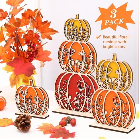 Leinuosen Thanksgiving Pumpkin Decorations Fall Wooden Tabletop Signs, Autumn Table Centerpieces Pumpkins of 3 Size Fall Tray Decor for Home Room Decor Halloween Harvest Decoration(Gradient Blue) in Saudi Arabia