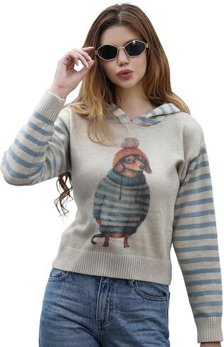 Cute Women's Hoodie, Cartoon Dog Print Crochet Sweater, Youthful and Trendy Striped Long Sleeved Knit Sweater in Saudi Arabia