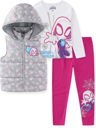 Marvel Spider-Gwen Girls Long Sleeve Shirt Hooded Vest and Legging Pants 3 Piece Outfit Set for Toddler and Big Kids in Saudi Arabia