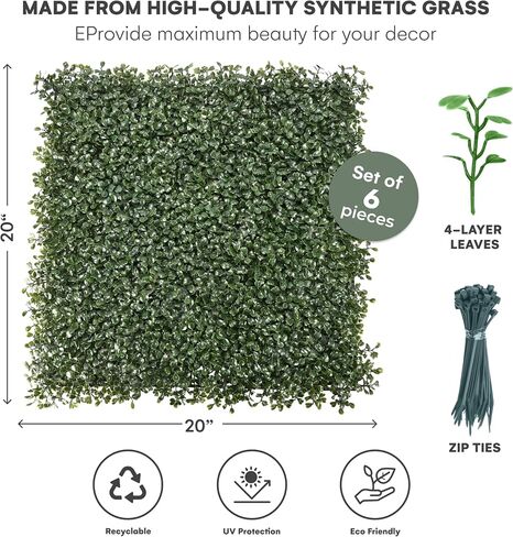 flybold Grass Wall Panels 20″ × 20″ (6 Pack) – UV-Protected Artificial Boxwood Hedge Greenery Backdrop Covers 16.66 sq ft, Indoor/Outdoor Privacy Fence Screen, Zip Ties & Spare Leaves Included in Saudi Arabia