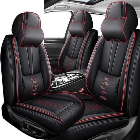 Front Set Leather Seat Covers for Mazda Mazda5 2006-2015,Breathable and Waterproof Faux Leather Automotive Seat Cushion Covers,Full Wrapping Edge Car Seat Cover(Black Red,with Pillows) in Saudi Arabia