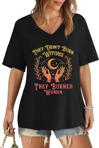 Halloween Shirts for Women They Didn't Burn Witches They Burned Women Shirt V Neck Womens Feminist Witches Tees in Saudi Arabia