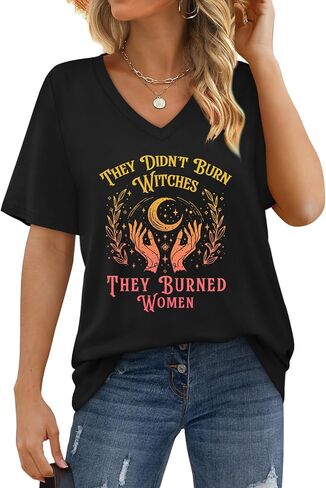 Halloween Shirts for Women They Didn't Burn Witches They Burned Women Shirt V Neck Womens Feminist Witches Tees in Saudi Arabia