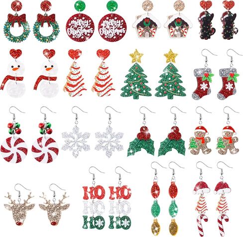 Christmas Earrings for Women - 16 Pairs Christmas Tree Santa Gingerbread Snowflake Wreath Black Cat Elk Xmas Acrylic Holiday Studs Earrings Green Red Dangle Earring Jewelry Accessories Gifts in Saudi Arabia