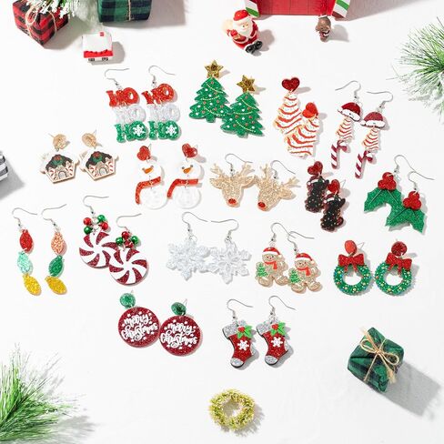 Christmas Earrings for Women - 16 Pairs Christmas Tree Santa Gingerbread Snowflake Wreath Black Cat Elk Xmas Acrylic Holiday Studs Earrings Green Red Dangle Earring Jewelry Accessories Gifts in Saudi Arabia