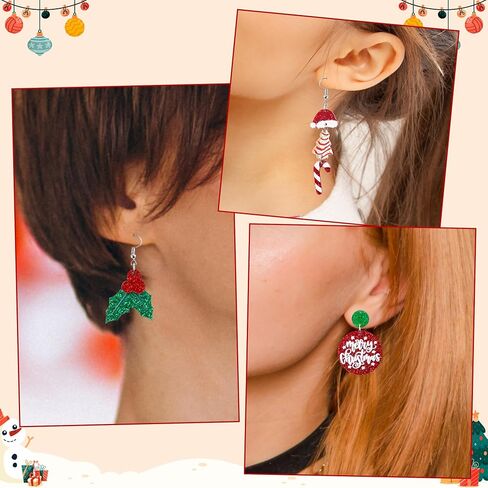 Christmas Earrings for Women - 16 Pairs Christmas Tree Santa Gingerbread Snowflake Wreath Black Cat Elk Xmas Acrylic Holiday Studs Earrings Green Red Dangle Earring Jewelry Accessories Gifts in Saudi Arabia