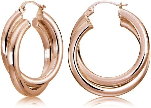 Hoops & Loops 925 Sterling Silver Square-Tube 25mm Crossover Double Round Click-Top Hoop Earrings for Women, 25mm 30mm | Silver, Yellow Gold, Rose Gold in Saudi Arabia