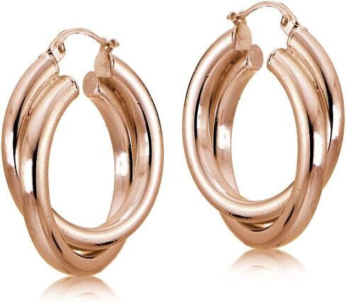Hoops & Loops 925 Sterling Silver Square-Tube 25mm Crossover Double Round Click-Top Hoop Earrings for Women, 25mm 30mm | Silver, Yellow Gold, Rose Gold in Saudi Arabia