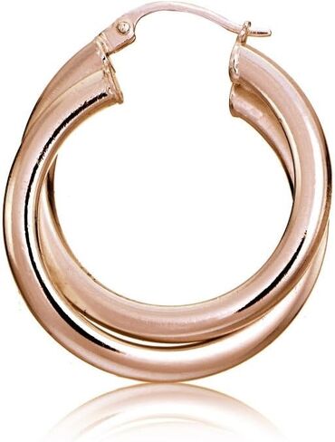 Hoops & Loops 925 Sterling Silver Square-Tube 25mm Crossover Double Round Click-Top Hoop Earrings for Women, 25mm 30mm | Silver, Yellow Gold, Rose Gold in Saudi Arabia