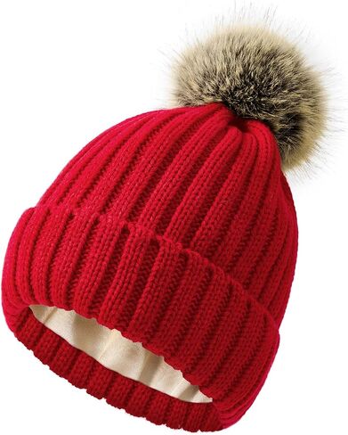 Century Star Womens Satin Lined Winter Beanie with Detachable Faux Fur Pom Pom, Warm Knit Cuffed Hat for Cold Weather in Saudi Arabia