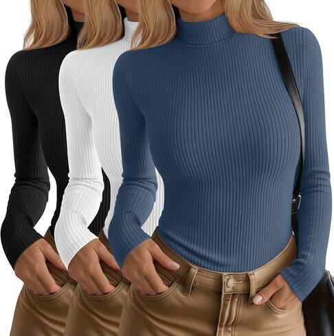 3 Pack Women’s Turtleneck Cotton Shirts Ribbed Long Sleeve Tops Slim Fit Base Layer Tee Basic Thermal Undershirt in Saudi Arabia