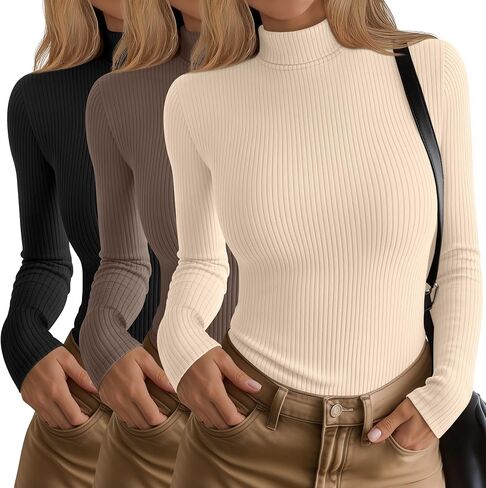 3 Pack Women’s Turtleneck Cotton Shirts Ribbed Long Sleeve Tops Slim Fit Base Layer Tee Basic Thermal Undershirt in Saudi Arabia