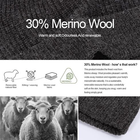 قبعة صوف ميرينو مقاس M/L/XL/XXL للرجال والنساء، كبيرة الحجم مبطنة بالصوف للشتاء الدافئ بطبقة مزدوجة أنيقة قبعة تزلج مكبلة in Kuwait