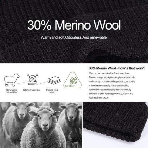 قبعة صوف ميرينو مقاس M/L/XL/XXL للرجال والنساء، كبيرة الحجم مبطنة بالصوف للشتاء الدافئ بطبقة مزدوجة أنيقة قبعة تزلج مكبلة in Kuwait