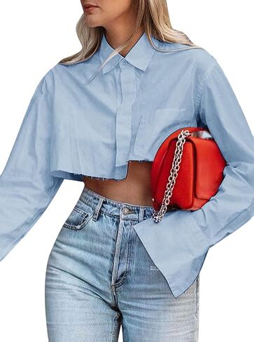 Women Cropped Button Down Shirt Asymmetric Hem Long Sleeve Collared Blouse Top in Saudi Arabia
