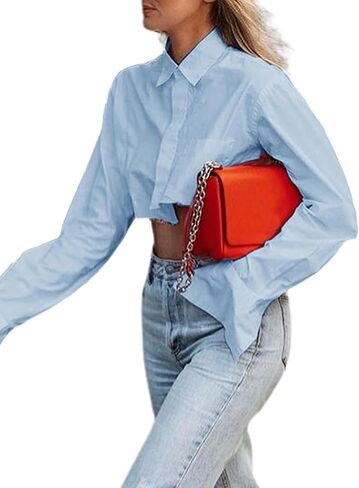 Women Cropped Button Down Shirt Asymmetric Hem Long Sleeve Collared Blouse Top in Saudi Arabia