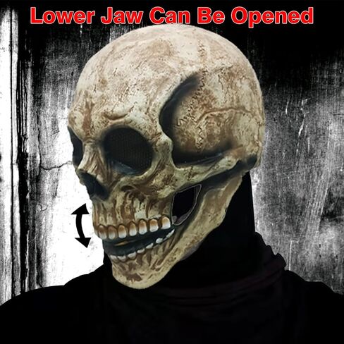 Skull Mask Moving Jaw, Scary Halloween Mask for Adults Breathable Mesh Design at Eyes Comfortable Fit Realistic skeleton mask moving jaw Latex Human Skeleton Mask for Cosplay Party Props in Saudi Arabia