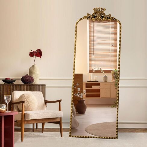 Gold Arched Full Length Mirror Floor Stand Decorative Wall Mounted Vintage Body Size 22"×65" Large Traditional Baroque with Crown Style Antique Ornate Farmhouse Home Decor in Saudi Arabia