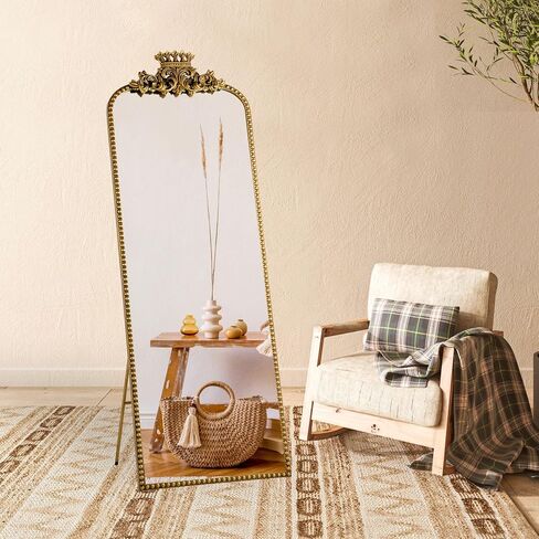 Gold Arched Full Length Mirror Floor Stand Decorative Wall Mounted Vintage Body Size 22"×65" Large Traditional Baroque with Crown Style Antique Ornate Farmhouse Home Decor in Saudi Arabia