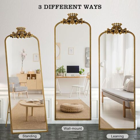 Gold Arched Full Length Mirror Floor Stand Decorative Wall Mounted Vintage Body Size 22"×65" Large Traditional Baroque with Crown Style Antique Ornate Farmhouse Home Decor in Saudi Arabia