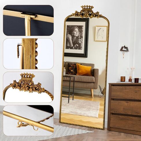 Gold Arched Full Length Mirror Floor Stand Decorative Wall Mounted Vintage Body Size 22"×65" Large Traditional Baroque with Crown Style Antique Ornate Farmhouse Home Decor in Saudi Arabia