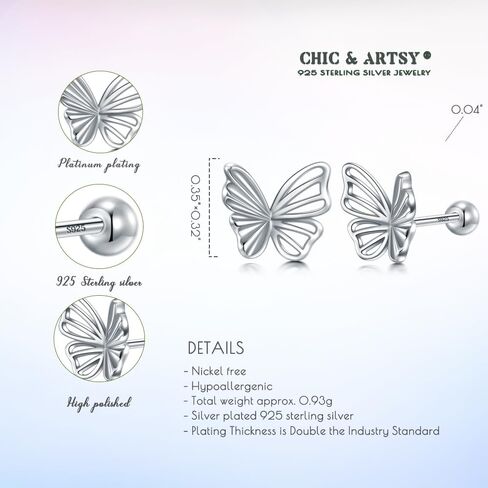 أقراط CHIC & ARTSY الصلبة من الفضة الإسترليني عيار 925 على شكل فيونكة/فراشة برغي خلفي للنساء أقراط على شكل فيونكة صغيرة أنيقة وبسيطة لها in Kuwait
