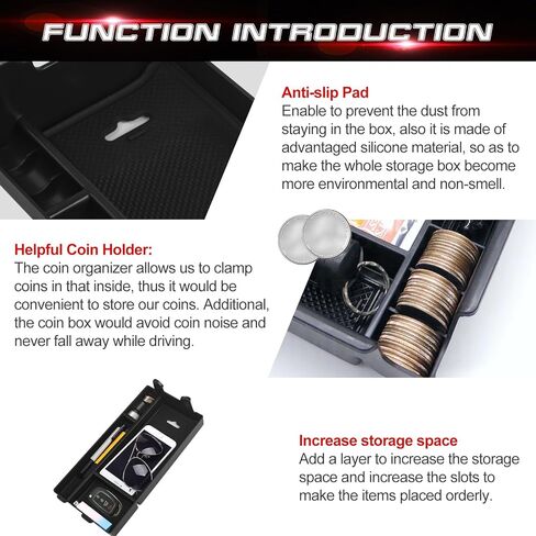 x xotic tech Interior Center Console Armrest Black Storage Organizer Box Phone Coin Card Container Insert Drawer Tray + Red Cup Coaster, Compatible with Mercedes Benz E Class W213 2017-2020 in Saudi Arabia