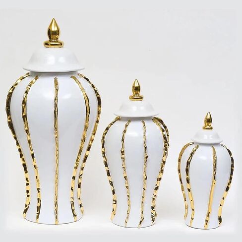 Ginger Jar, 18" White Gold Ceramic Vase with Gold Trim, Porcelain Ceramic Vase for Home Decor, Vintage Ginger Vase for Home, Wedding, Party Decor in Saudi Arabia
