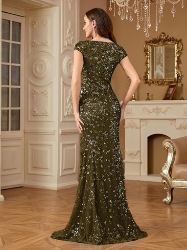 Womens Sequined Long Evening Gown Glitter Short Sleeve V-Neck Mermaid Evening Dress for Party Or As Wedding Guest in Saudi Arabia