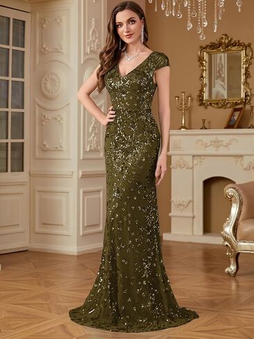 Womens Sequined Long Evening Gown Glitter Short Sleeve V-Neck Mermaid Evening Dress for Party Or As Wedding Guest in Saudi Arabia