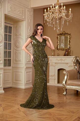 Womens Sequined Long Evening Gown Glitter Short Sleeve V-Neck Mermaid Evening Dress for Party Or As Wedding Guest in Saudi Arabia