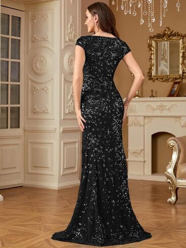 فستان سهرة نسائي طويل مزين بالترتر لامع بأكمام قصيرة ورقبة على شكل حرف V فستان سهرة حورية البحر للحفلات أو كضيف زفاف in Kuwait