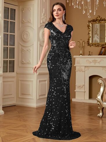 فستان سهرة نسائي طويل مزين بالترتر لامع بأكمام قصيرة ورقبة على شكل حرف V فستان سهرة حورية البحر للحفلات أو كضيف زفاف in Kuwait