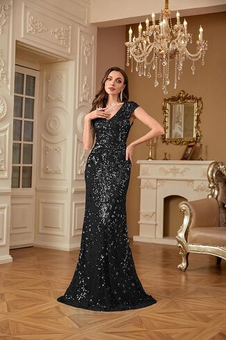 فستان سهرة نسائي طويل مزين بالترتر لامع بأكمام قصيرة ورقبة على شكل حرف V فستان سهرة حورية البحر للحفلات أو كضيف زفاف in Kuwait