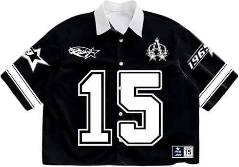GORGLITTER Men's Letter Graphic Button Down Cropped Shirt Oversized Collared Rave Jersey Crop Tops in Saudi Arabia