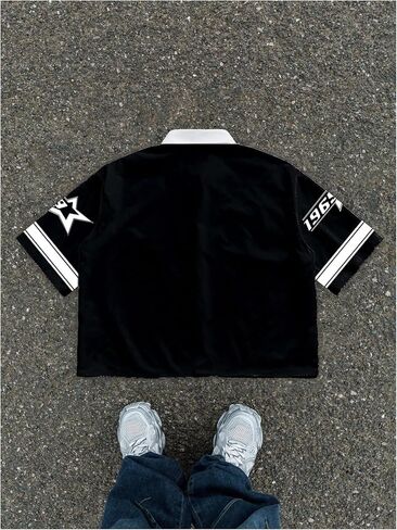 GORGLITTER Men's Letter Graphic Button Down Cropped Shirt Oversized Collared Rave Jersey Crop Tops in Saudi Arabia