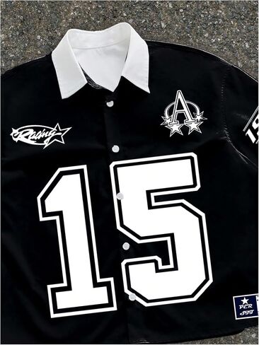 GORGLITTER Men's Letter Graphic Button Down Cropped Shirt Oversized Collared Rave Jersey Crop Tops in Saudi Arabia