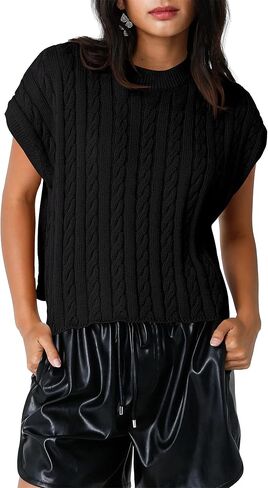 BeautyNee Women's Cable Knit Cap Sleeve Cropped Sweater Vest Casual Loose Crewneck Short Sleeve Pullover Tank Top in Kuwait