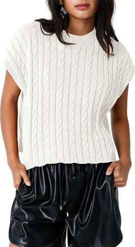 BeautyNee Women's Cable Knit Cap Sleeve Cropped Sweater Vest Casual Loose Crewneck Short Sleeve Pullover Tank Top in Kuwait