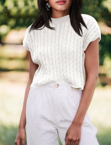 BeautyNee Women's Cable Knit Cap Sleeve Cropped Sweater Vest Casual Loose Crewneck Short Sleeve Pullover Tank Top in Kuwait