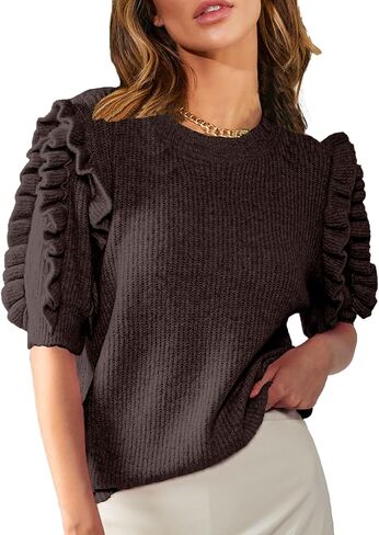 Women's 2025 Fall Ruffle Short Sleeve Sweater Tops Summer Trendy Crew Neck Ribbed Knit Blouse Sweaters in Kuwait