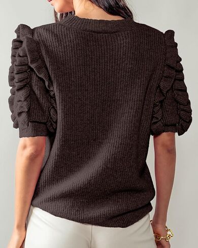 Women's 2025 Fall Ruffle Short Sleeve Sweater Tops Summer Trendy Crew Neck Ribbed Knit Blouse Sweaters in Kuwait