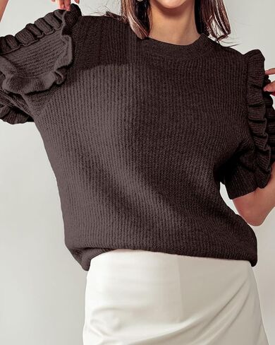 Women's 2025 Fall Ruffle Short Sleeve Sweater Tops Summer Trendy Crew Neck Ribbed Knit Blouse Sweaters in Kuwait
