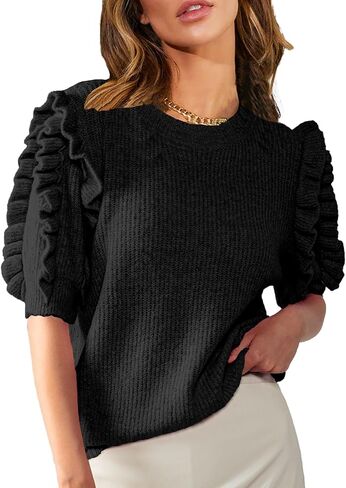 Women's 2025 Fall Ruffle Short Sleeve Sweater Tops Summer Trendy Crew Neck Ribbed Knit Blouse Sweaters in Kuwait