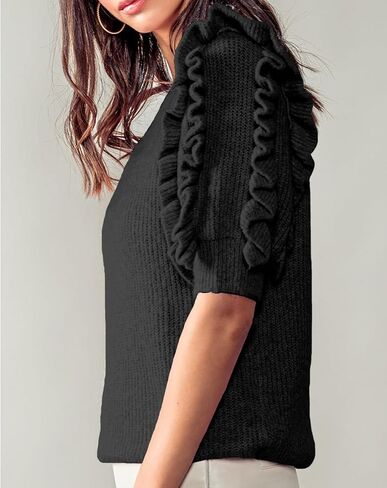 Women's 2025 Fall Ruffle Short Sleeve Sweater Tops Summer Trendy Crew Neck Ribbed Knit Blouse Sweaters in Kuwait