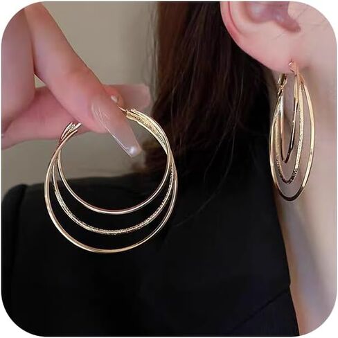 Large Gold Geometric Hoop Earrings for Women Silver Round Triple 3 Circle Layer Statement Hoops Earring Trendy Simple Layered Jewelry Accessories in Saudi Arabia