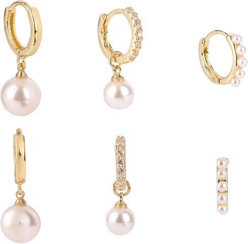 3 Pairs Gold Earrings and Pearl Set, Dainty Pearl Hoop Earrings Ladies' Gold Pearl Earring Set Pearl Earrings Studs Set Stacks Pearl Earring Pearl Earrings Gift for Women Ladies in Saudi Arabia